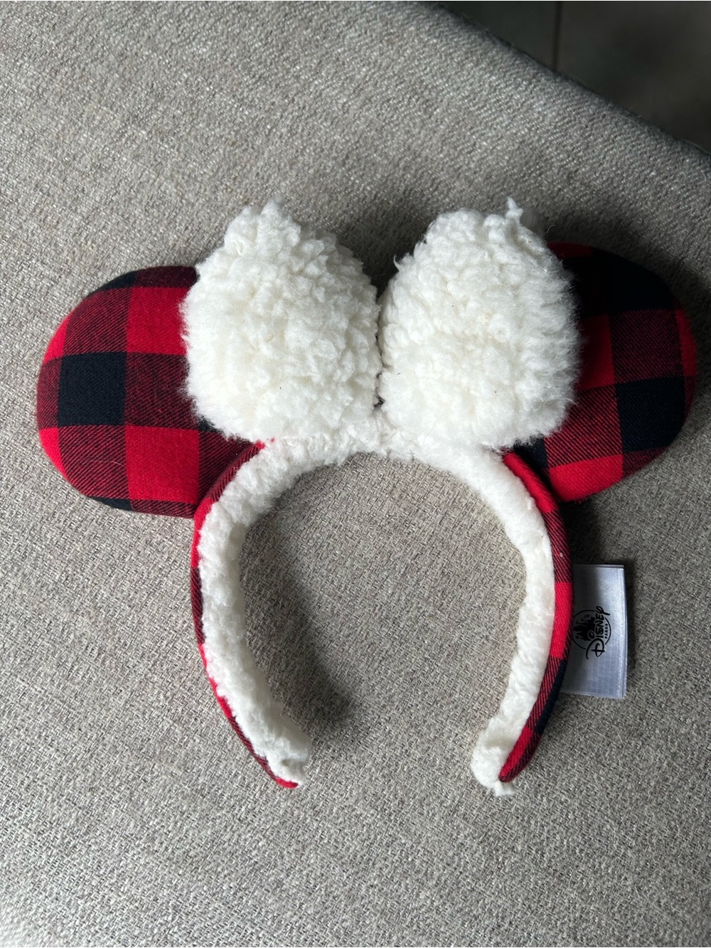 Disney parks Red and Black Buffalo Plaid Minnie Ears with White Sherpa Pom